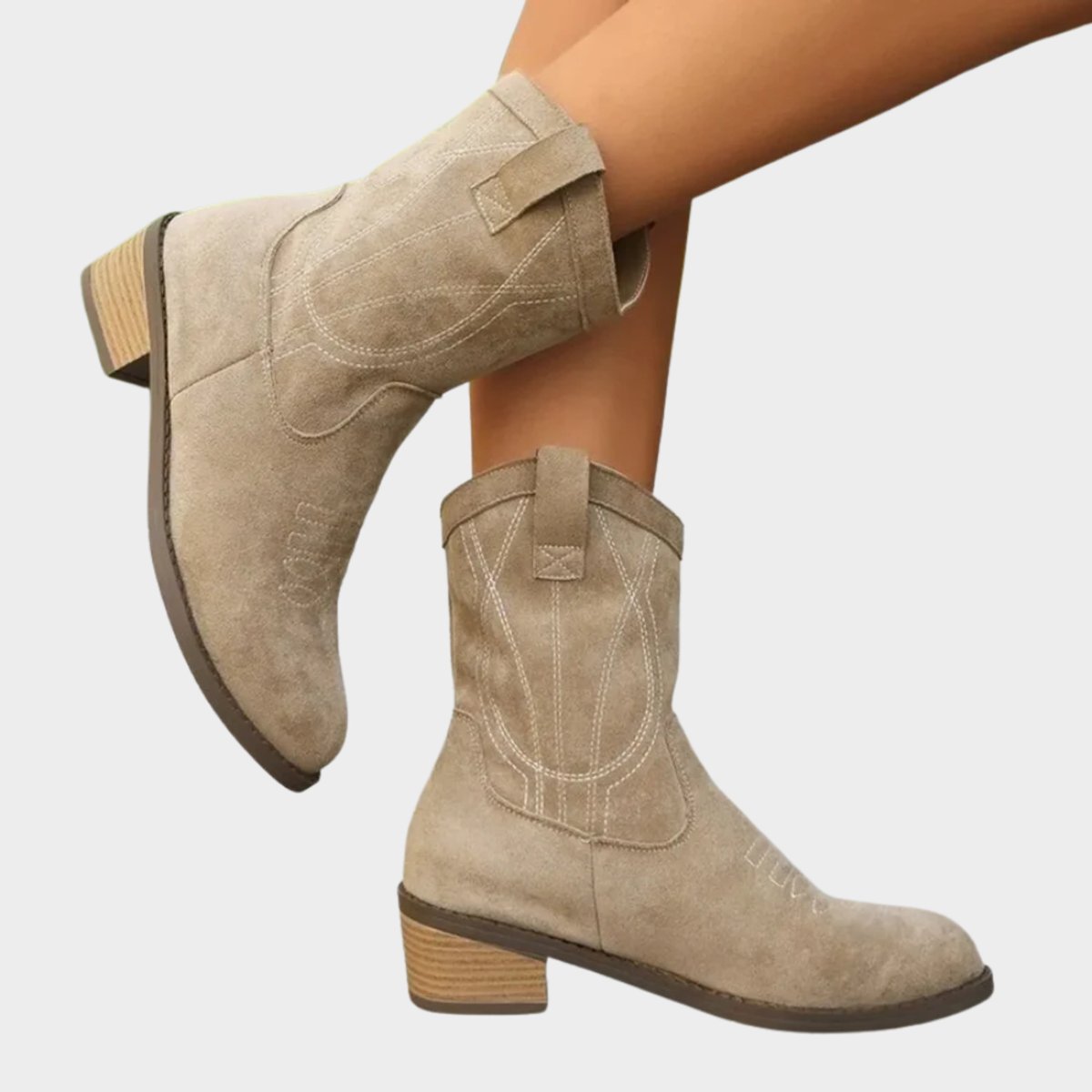 Women's Western-Stitch Suede Cowboy Ankle Boots - Close-Up Texture & Detail | Lavisa