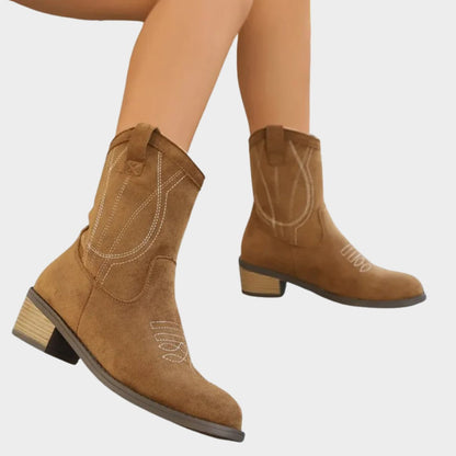 Women's Western-Stitch Suede Cowboy Ankle Boots - Sole & Material View | Lavisa