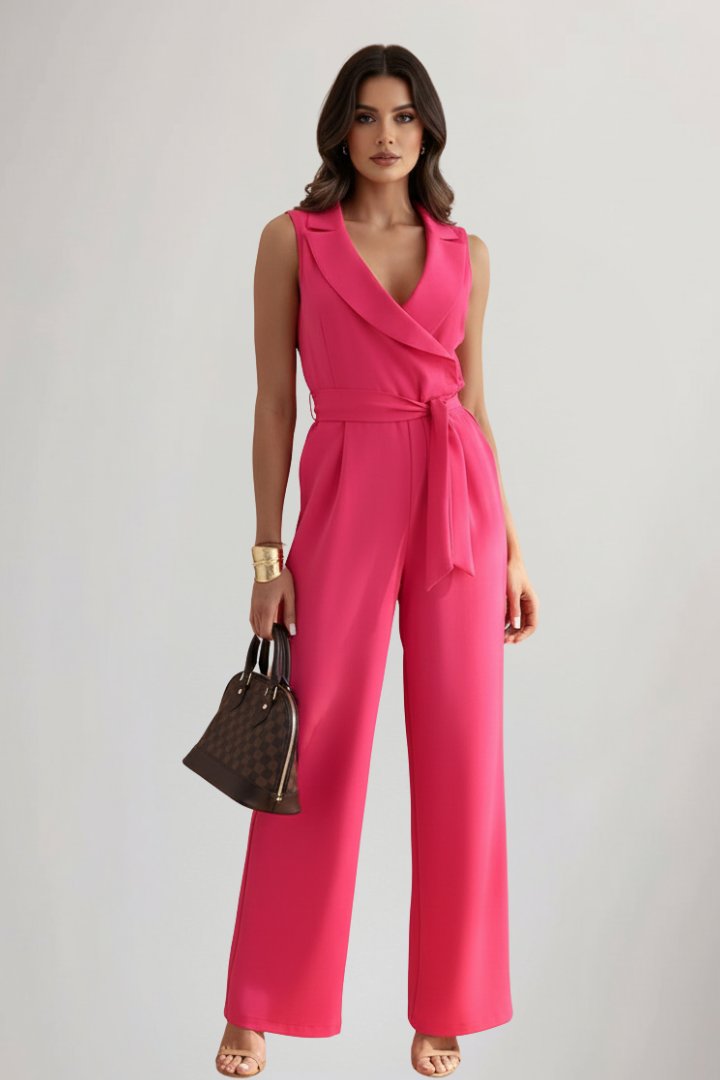 Lavisa - Women's Wide-Leg Blazer-Collar Tie-Waist Jumpsuit