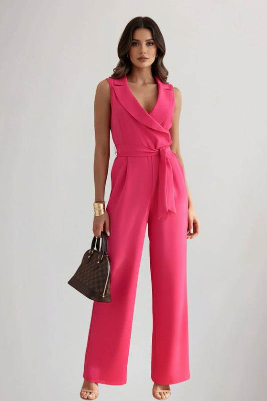 Women's Wide-Leg Blazer-Collar Tie-Waist Jumpsuit - Front View | Lavisa