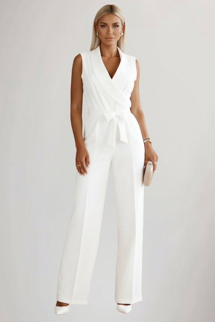 Lavisa - Women's Wide-Leg Blazer-Collar Tie-Waist Jumpsuit
