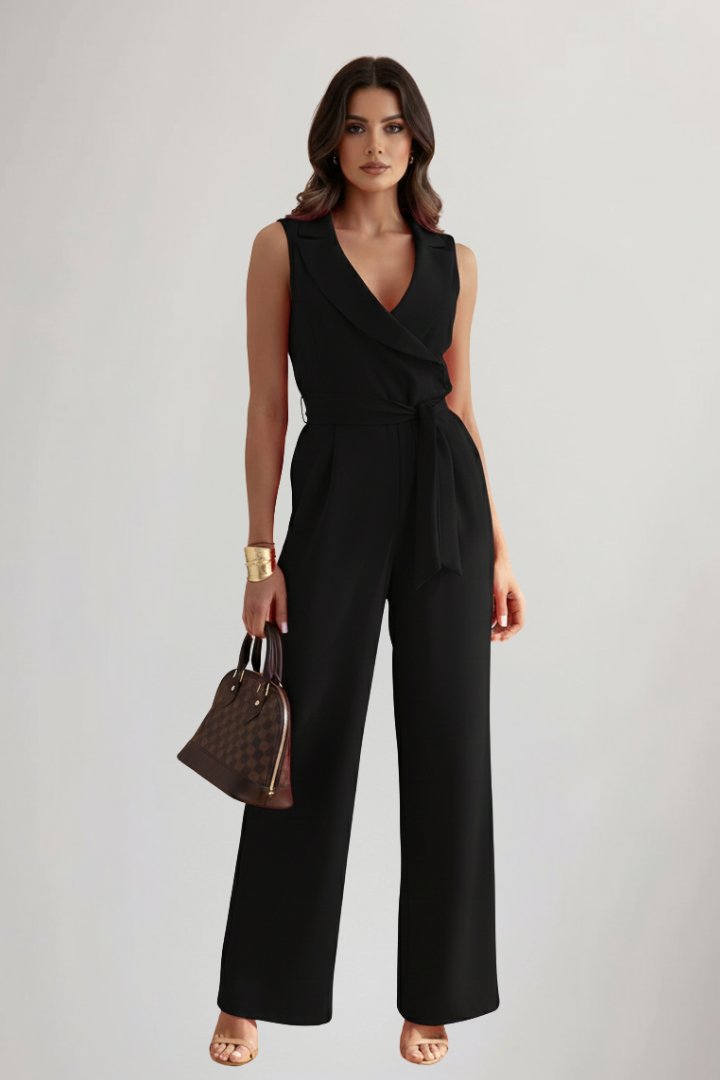 Lavisa - Women's Wide-Leg Blazer-Collar Tie-Waist Jumpsuit
