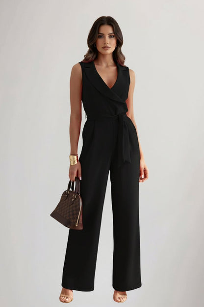 Lavisa - Women's Wide-Leg Blazer-Collar Tie-Waist Jumpsuit