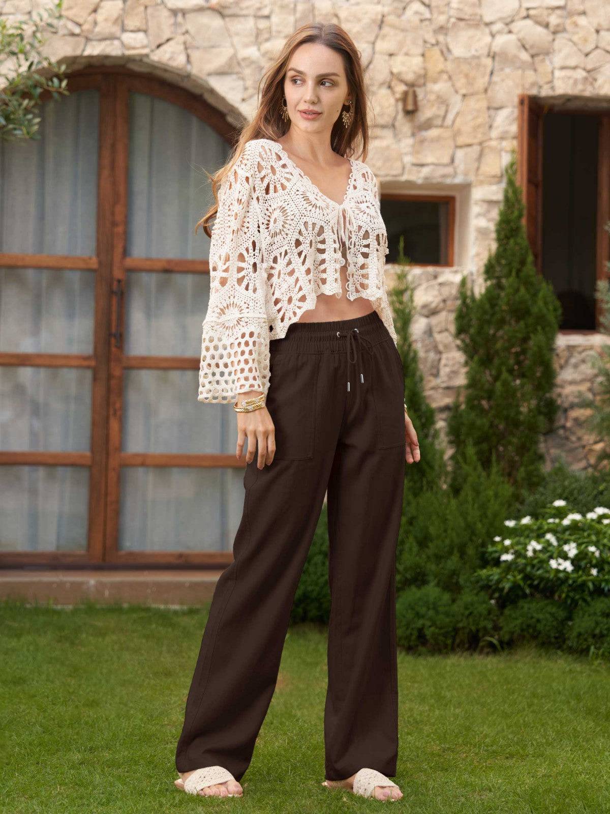 Lavisa - Women's Cotton Linen Wide Leg Drawstring Pants