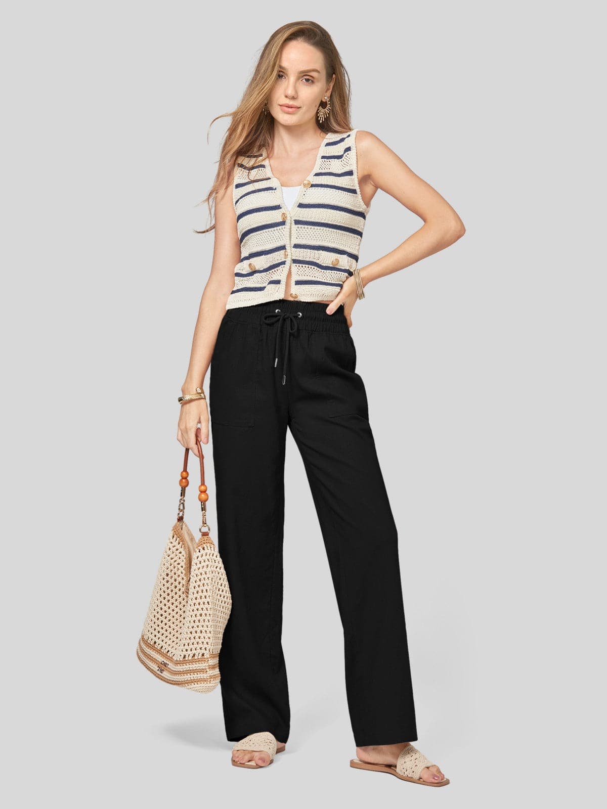 Lavisa - Women's Cotton Linen Wide Leg Drawstring Pants
