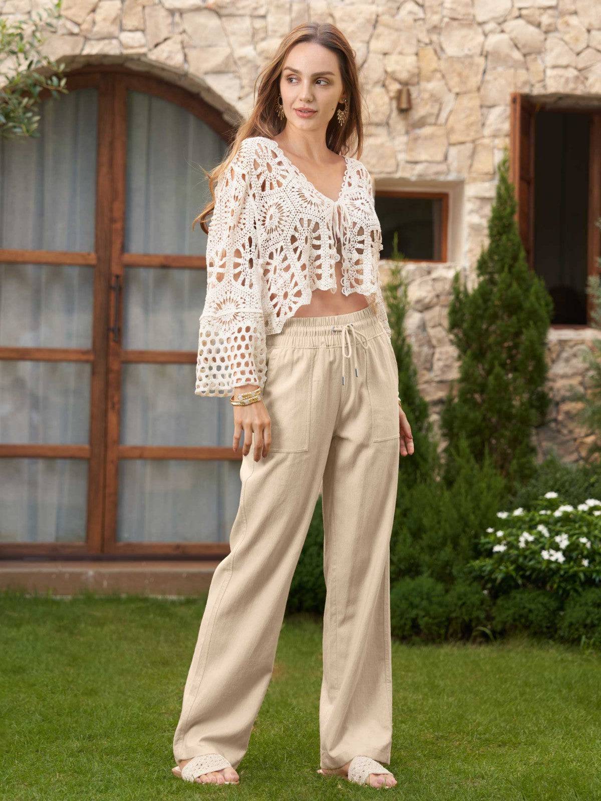 Lavisa - Women's Cotton Linen Wide Leg Drawstring Pants