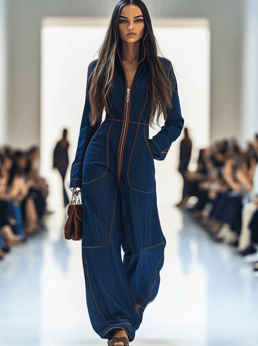 Lavisa - Women's Wide Leg Pants Denim Jumpsuit Long Sleeve Front Zip