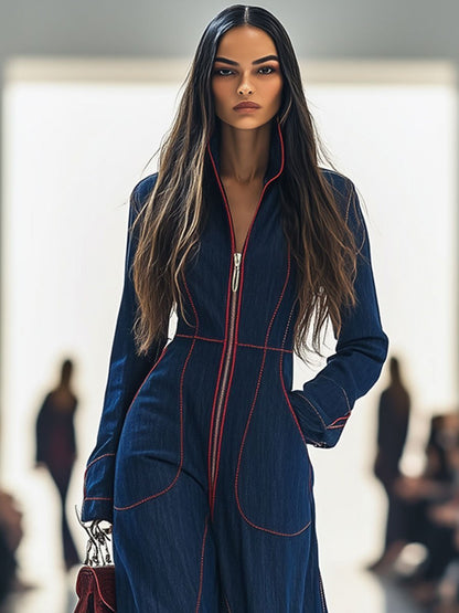 Lavisa - Women's Wide Leg Pants Denim Jumpsuit Long Sleeve Front Zip