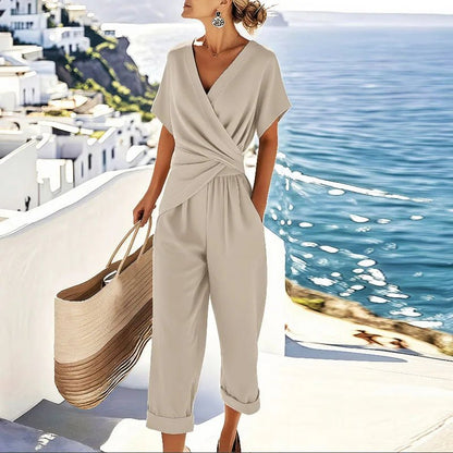 Lavisa - Women's Wrap-Front V-Neck Short Sleeve Relaxed Jumpsuit