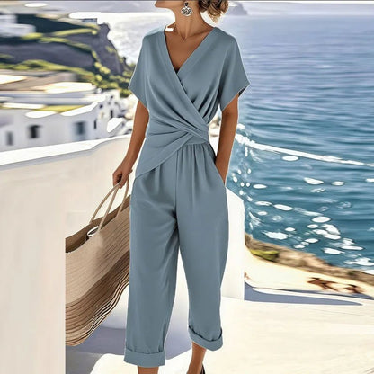 Lavisa - Women's Wrap-Front V-Neck Short Sleeve Relaxed Jumpsuit
