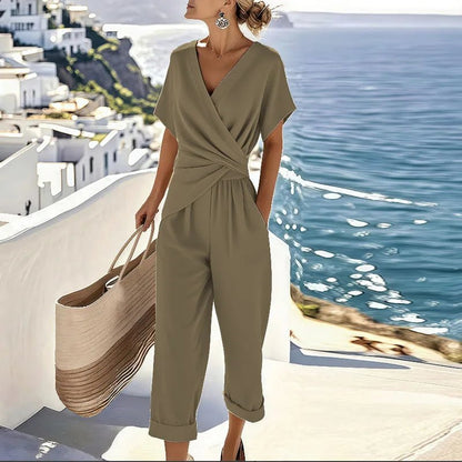 Lavisa - Women's Wrap-Front V-Neck Short Sleeve Relaxed Jumpsuit