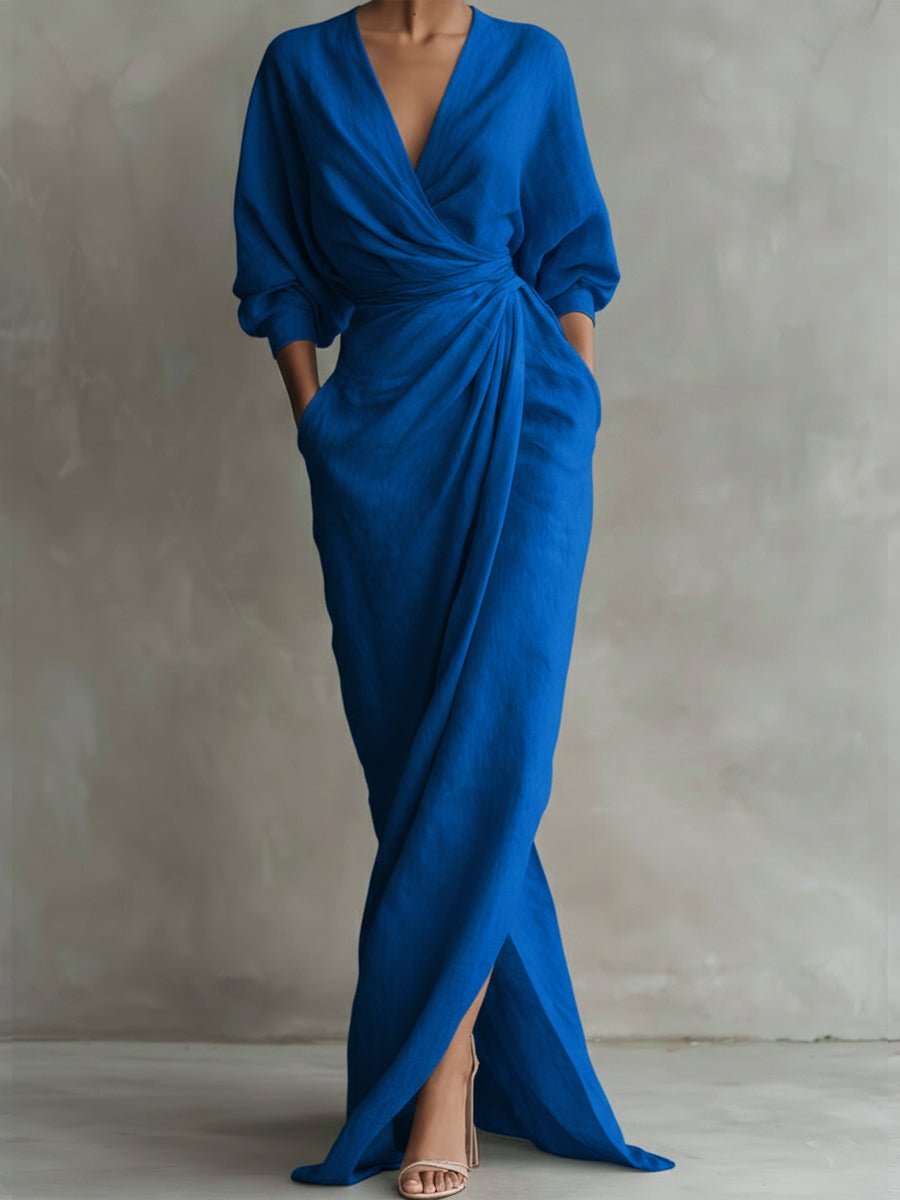 Draped V Neck Wrap Maxi Dress - Side Angle | Lavisa