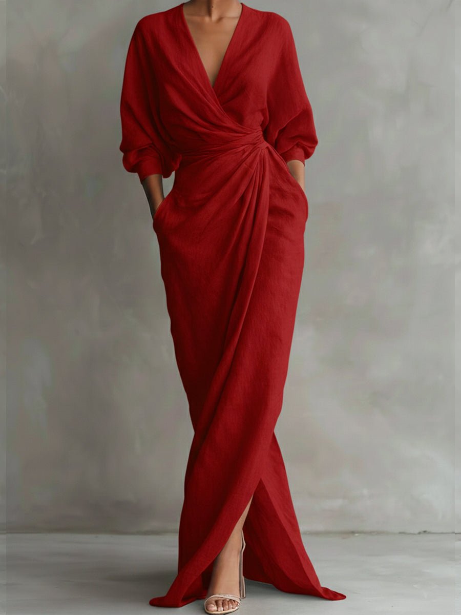 Draped V Neck Wrap Maxi Dress - Back View | Lavisa