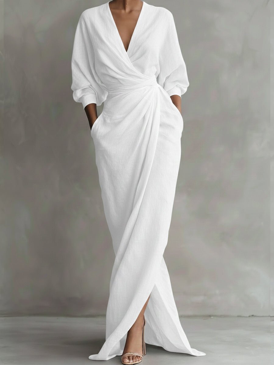 Draped V Neck Wrap Maxi Dress - Close-Up Texture & Detail | Lavisa