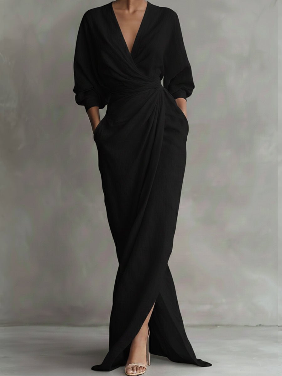 Draped V Neck Wrap Maxi Dress - Sole & Material View | Lavisa