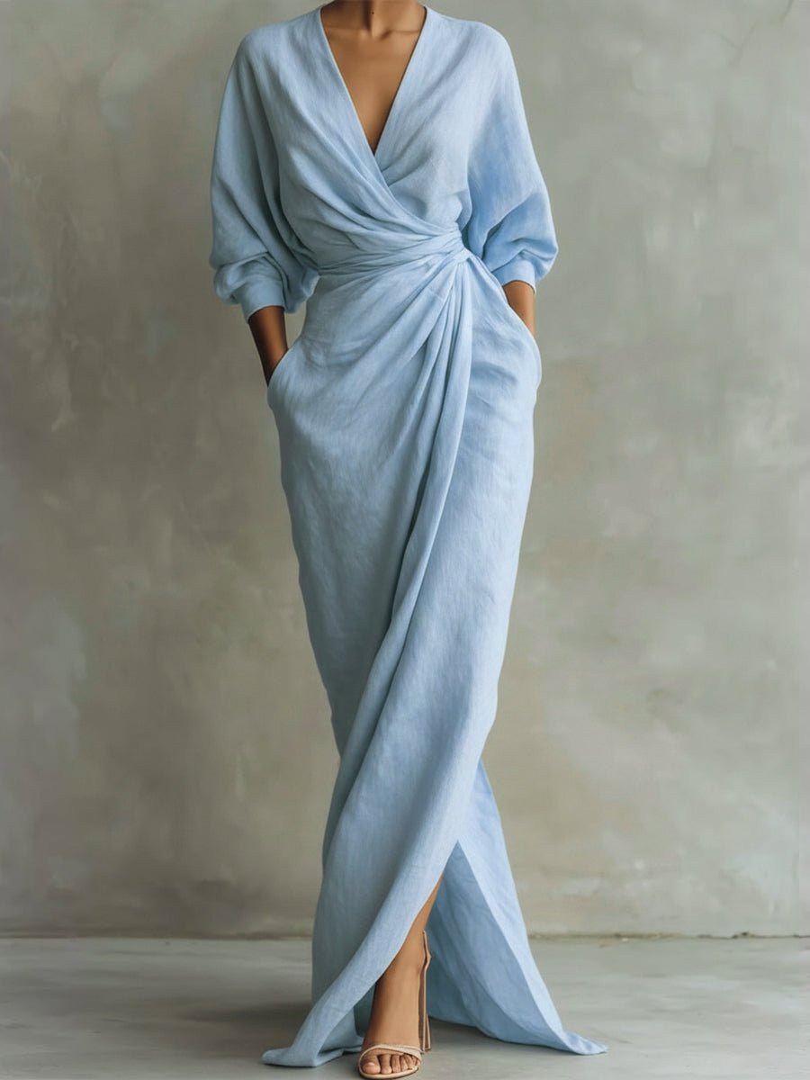 Draped V Neck Wrap Maxi Dress - Lifestyle & Model Angle | Lavisa