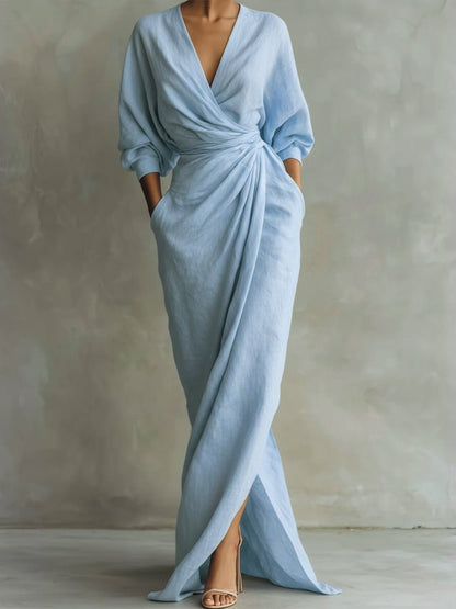 Draped V Neck Wrap Maxi Dress - Lifestyle & Model Angle | Lavisa