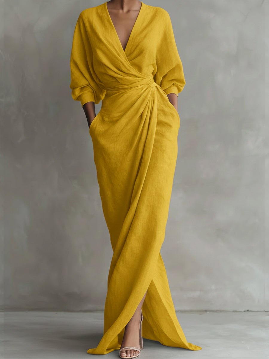 Draped V Neck Wrap Maxi Dress - Variant Angle | Lavisa